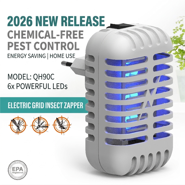 Professional 6-LED indoor insect killer Kolma QH90C, highlighting 360-degree attraction airflow for 15m² coverage.