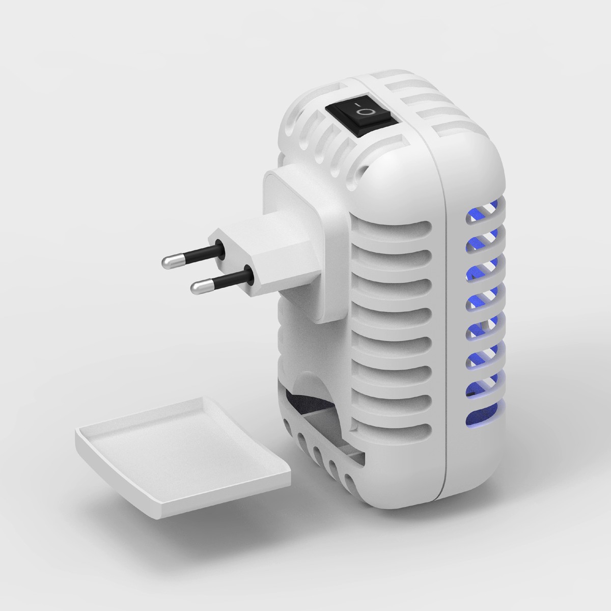 Kolma QH90C Plug-in Bug Zapper in Classic White - Close-up of the direct wall plug and high-voltage internal grid.